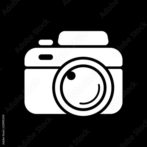 Photo camera, simple icon. White icon on black background. Inver