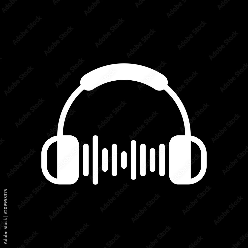 Headphones and music wave. Max volume level. Simple icon. White Headphones and music wave. Max volume level. Simple icon. White