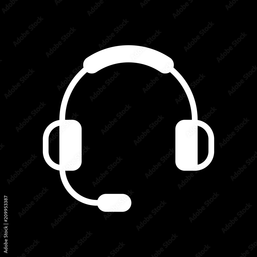 Headphones with microphone. Support service. Simple icon. White Headphones with microphone. Support service. Simple icon. White