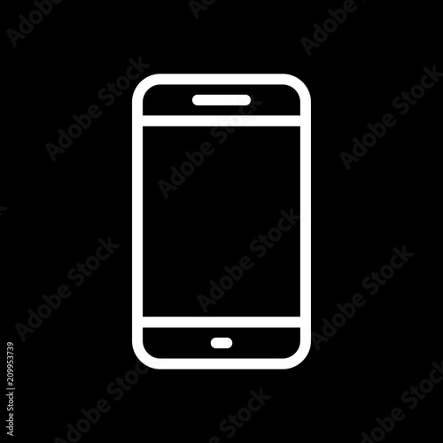 Simple mobile phone icon. Linear symbol, thin outline. White ico