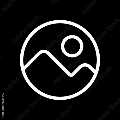 Simple picture icon. Linear symbol, thin outline. White icon on