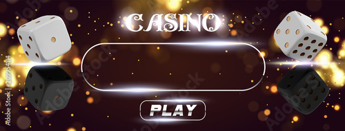 Top view of Casino sign poker dice on golden shiny background. Online casino wide banner with place for text and button. Gambling 3d vector concept.