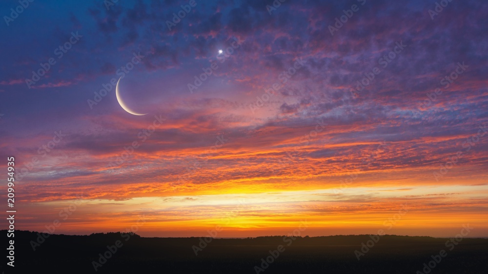 Light from sky . Religion background . The sky at night with stars. New moon . Ramadan background . Prayer time . Dramatic nature background . Arab night . eclipse of the moon