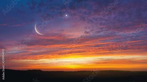 Obraz na płótnie Light from sky . Religion background . The sky at night with stars. New moon . Ramadan background . Prayer time . Dramatic nature background . Arab night . eclipse of the moon w salonie