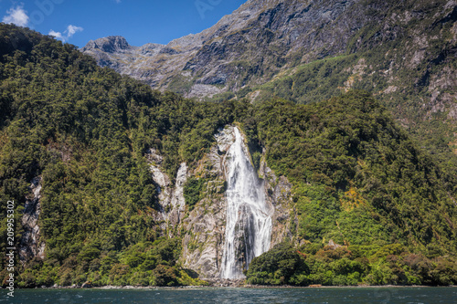 Panorama of Milford Sound waterfall  Fiordland  New Zealand