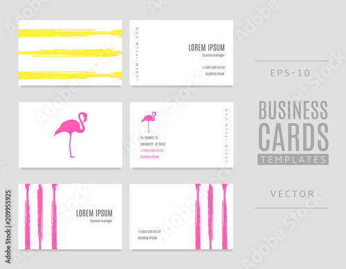 Template of travel business cards. Flamingo and striped background.
