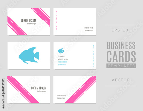 Template of travel business cards. Fish and striped background.