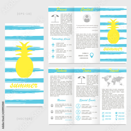Tri-fold travel brochure template. Pineapple on a striped background. Exotic tropical fruit.