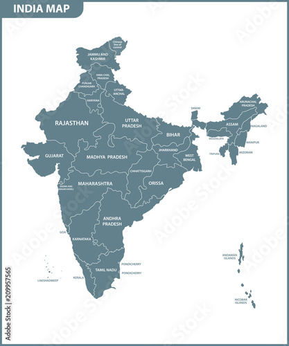 The detailed map of the India with regions or states. Administrative division.