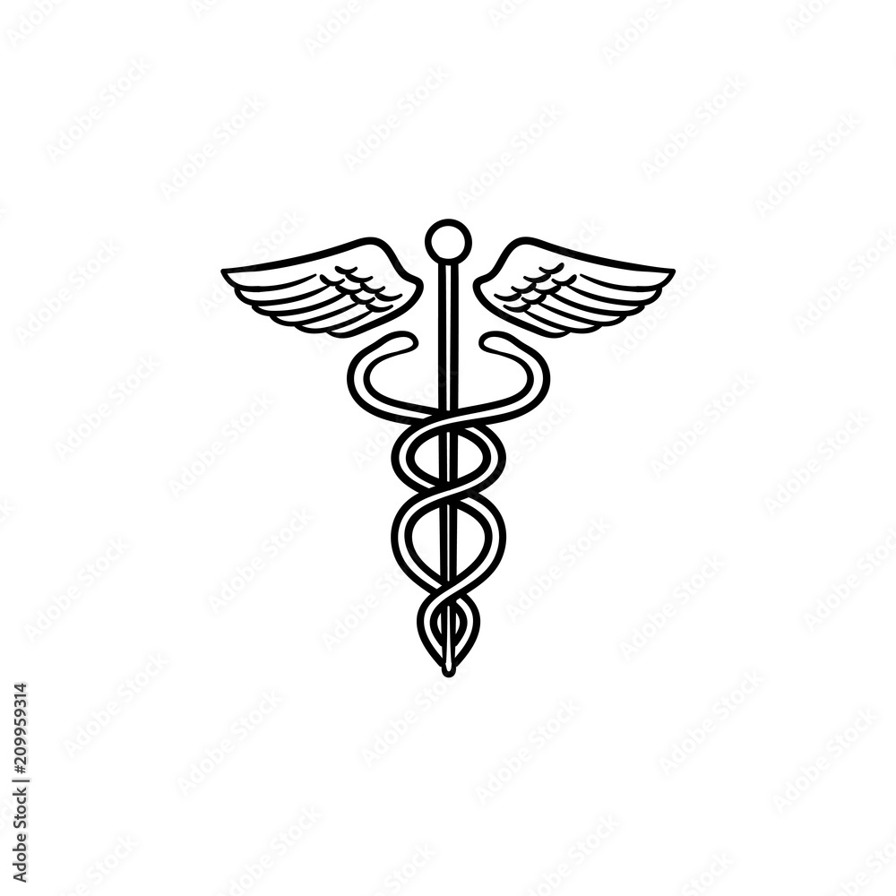 Caduceus medical symbol hand drawn outline doodle icon. Medical snakes wings wand as hospital and pharmacy concept. Vector sketch illustration for web and infographics on white background. Caduceus medical symbol hand drawn outline doodle icon. Medical snakes wings wand as hospital and pharmacy concept. Vector sketch illustration for web and infographics on white background.