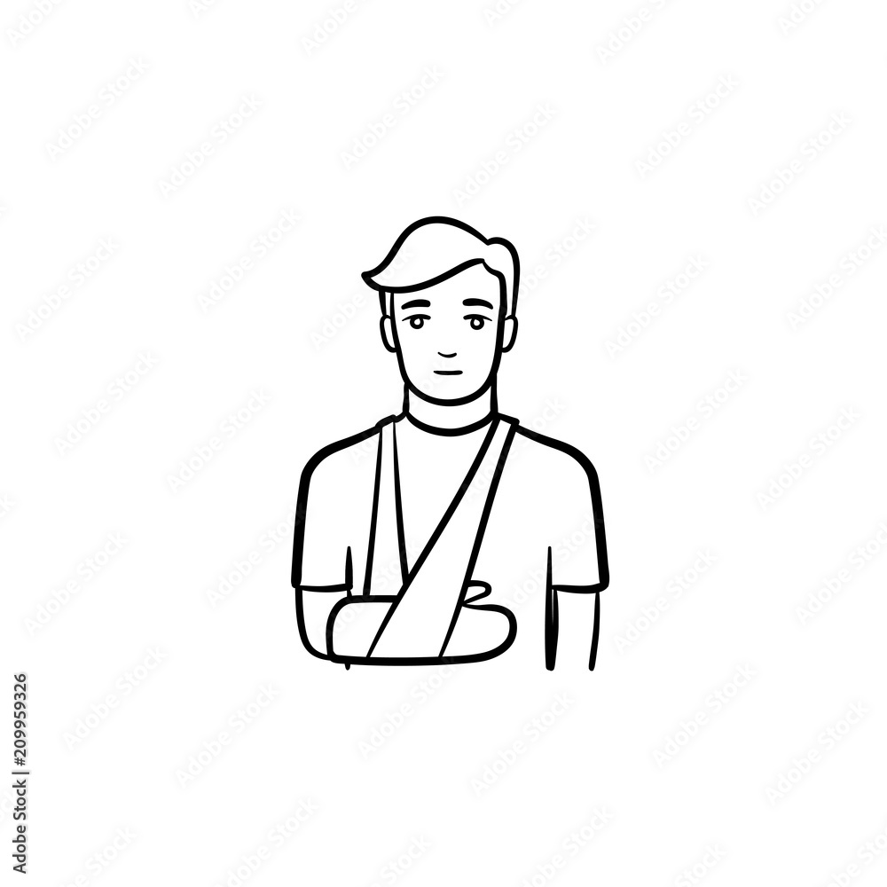 Patient with broken arm hand drawn outline doodle icon. Traumatology, medical help and first aid concept. Vector sketch illustration for print, web and infographics on white background.