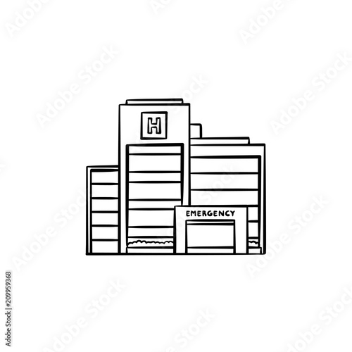 Hospital building hand drawn outline doodle icon. Modern city building with hospital sign as health care concept. Vector sketch illustration for web and infographics on white background.