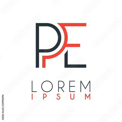 The logo between the letter P and letter E or PE with a certain distance and connected by orange and gray color