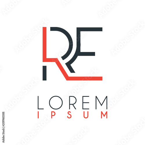 The logo between the letter R and letter E or RE with a certain distance and connected by orange and gray color