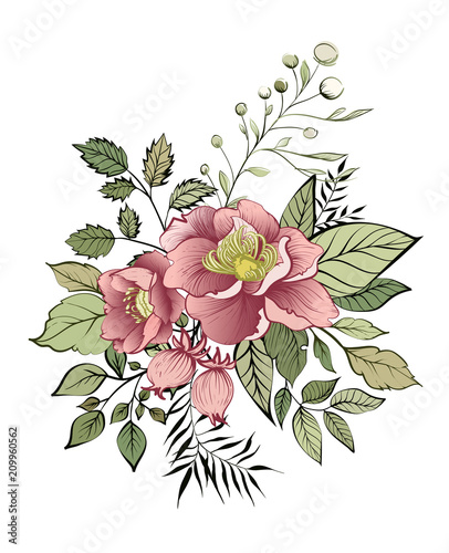 Elegant card. Spring decorative bouquet of flowers. A small flower garland. Vector illustration