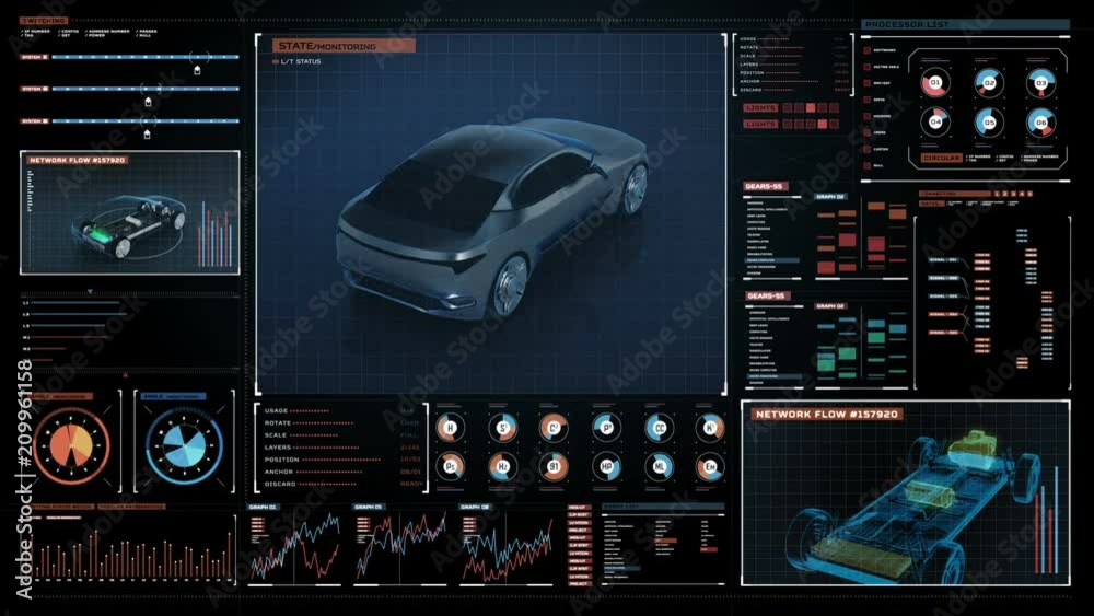 Rotating Electronic, hybrid, lithium ion battery echo car. scanning view in Digital futuristic display interface. eco-friendly future car. 4k movie.