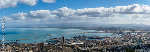 View from the top to city of Haifa in Israel and harbor at spring time.