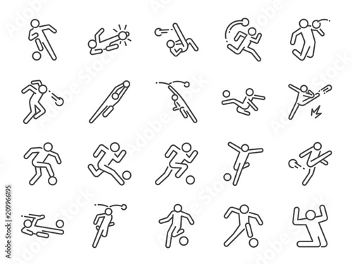 Soccer in actions line icon set. Included icons as football player, goalkeeper, dribble, overhead kick, volley kick, shoot and more.