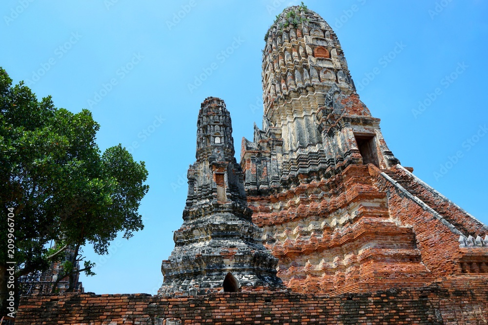 Travel Thailand - Pagoda in Wat Chaiwatthanaram on blue sky and cloud background, Ayutthaya Historical Park. The brick pagoda at old ayutthaya temple ruins. Space for text in template. Travel Thailand - Pagoda in Wat Chaiwatthanaram on blue sky and cloud background, Ayutthaya Historical Park. The brick pagoda at old ayutthaya temple ruins. Space for text in template.