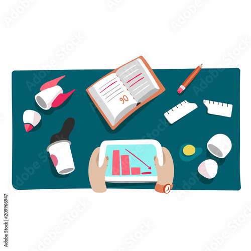 Business crisis or startup crash vector illustration of financial fail and market fall and loss bankruptcy. Flat concept of broken rocket, egg or stationery and spilled coffee on businessman table