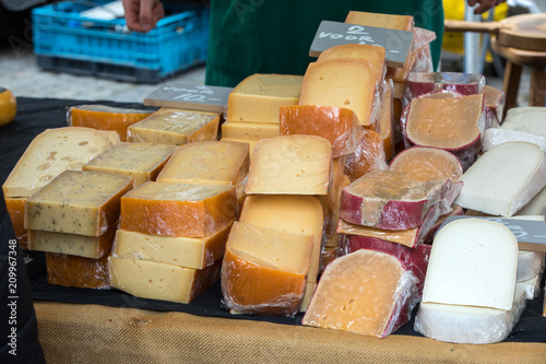 Dutch cheese on a street market in Alkmaar. Netherlands
