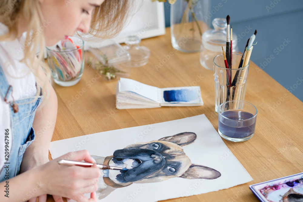 Fototapeta premium art painting hobby. creative leisure. girl drawing a picture. talent inspiration creation and self expression concept