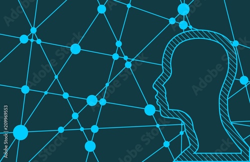 Silhouette of a man head. Mental health relative brochure, report design template. Scientific medical designs. Connected lines with dots.