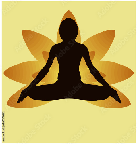 Yoga Day meditation padmasana pose banner against golden lotus petals with beautiful gradient vector design colour on Golden Background photo