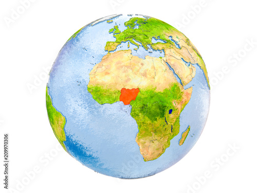 Nigeria on globe isolated