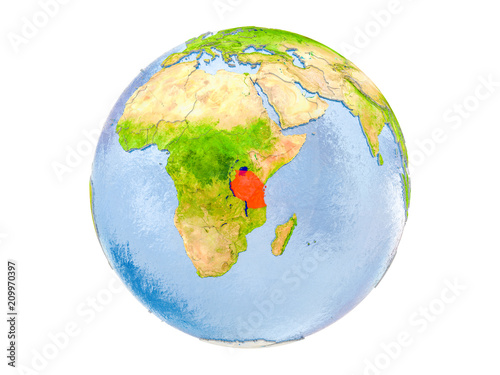 Tanzania on globe isolated
