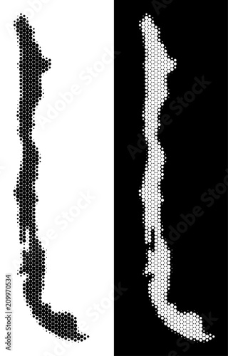 Pixel halftone Chili map. Vector geographic map on white and black backgrounds. Abstract mosaic of Chili map composed from sphere blots.