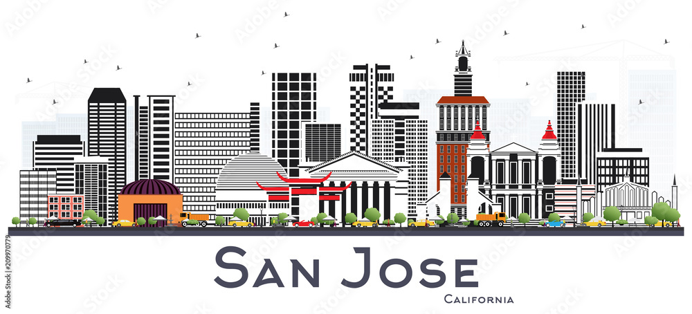 Obraz premium San Jose California Skyline with Gray Buildings Isolated on White.