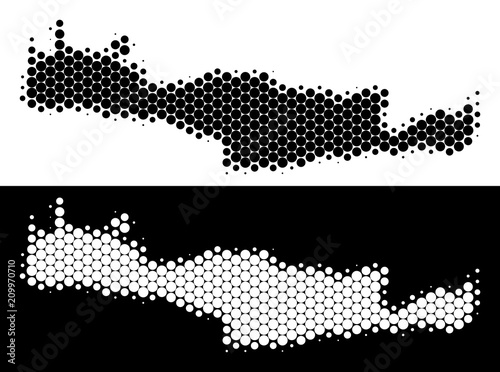Dot halftone Crete Island map. Vector geographic scheme on white and black backgrounds. Abstract collage of Crete Island map designed of sphere spots.