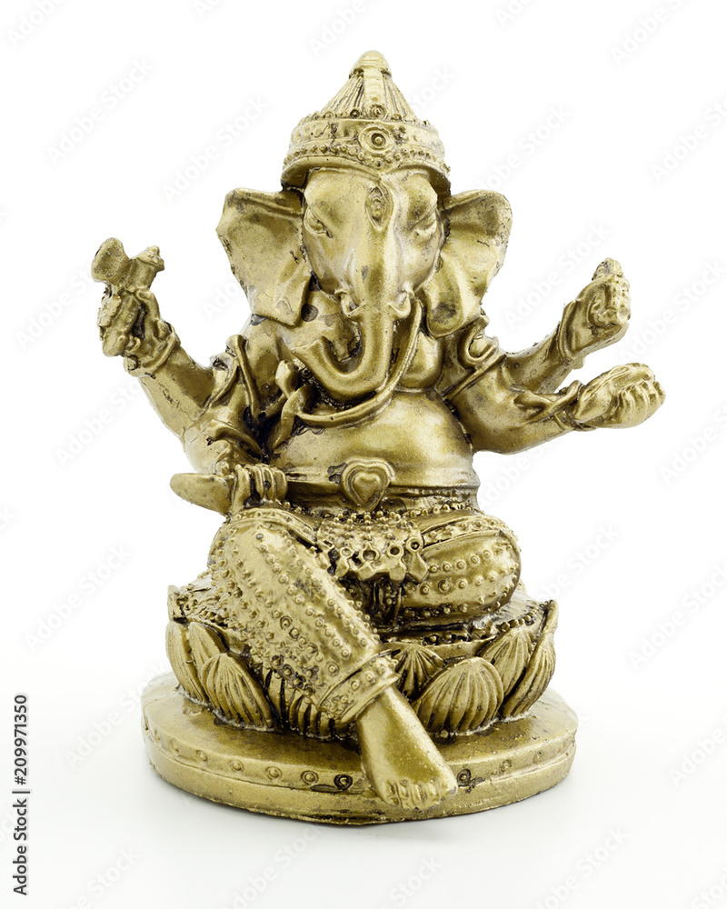 Fototapeta premium Gilded figure of the elephant Ganesha on white background