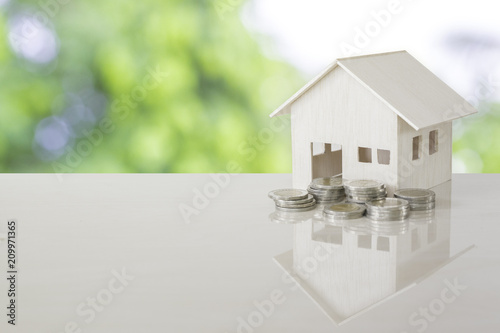 House model and coin money on table.
