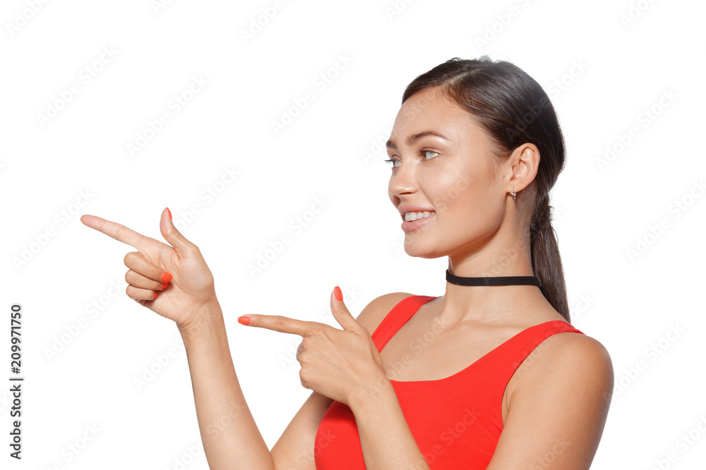 Beauty Woman Portrait. Beautiful Spa Girl showing empty copy space Beauty Woman Portrait. Beautiful Spa Girl showing empty copy space
