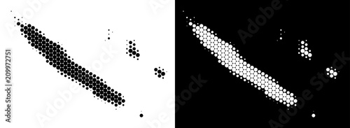 Pixel halftone New Caledonia Islands map. Vector geographic plan on white and black backgrounds. Abstract concept of New Caledonia Islands map organized with circle blots.
