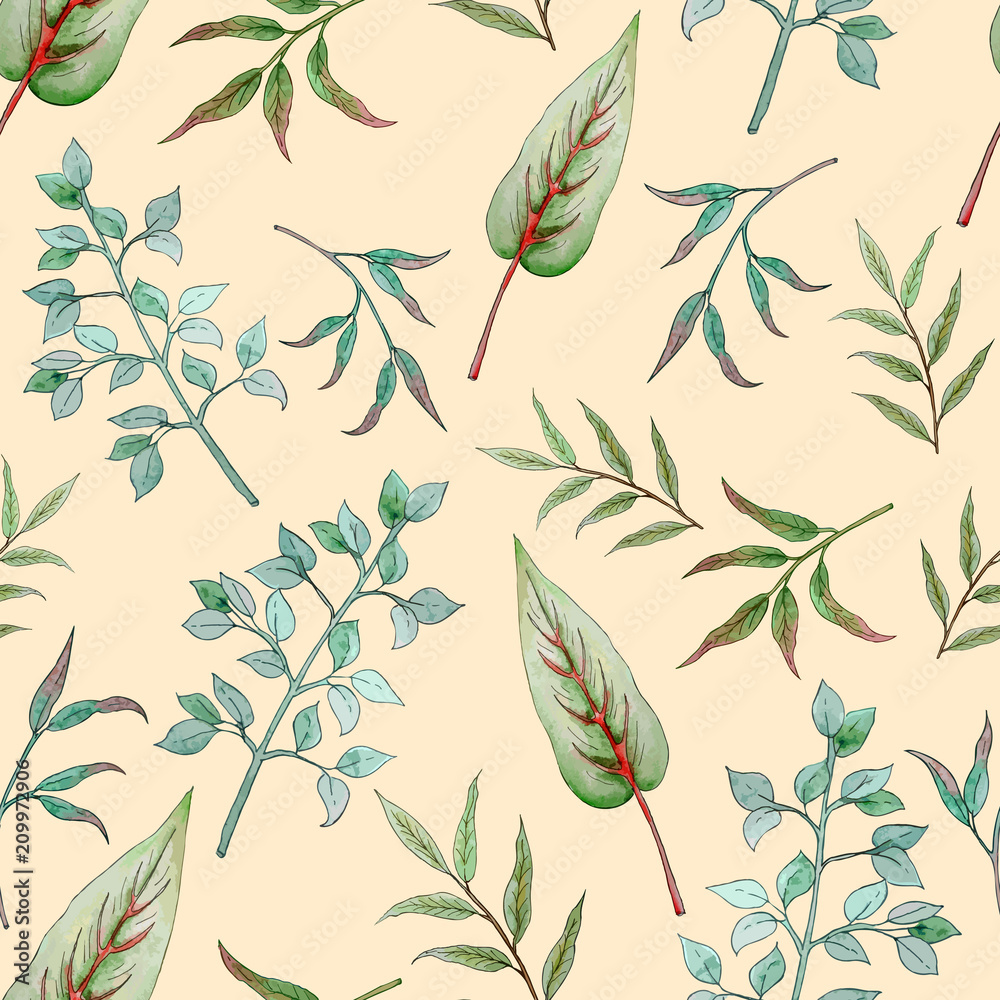 seamless pattern with leaves of palm trees and other tropical plants 