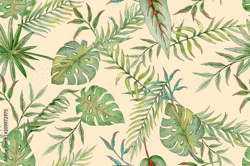 seamless pattern with leaves of palm trees and other tropical plants 