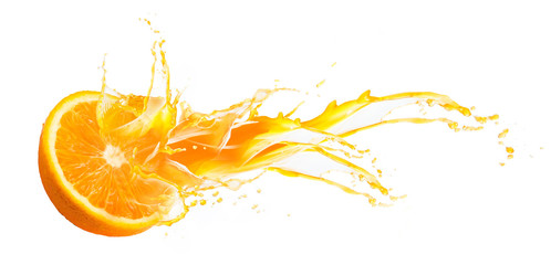 Collection of Fresh half of ripe orange fruit floation with orange juice splash isolated on white background