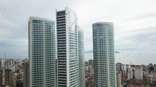 Aerial drone view of the city buildings and Skyscrapers near the sea Bosphorus in Istanbul, Turkey
