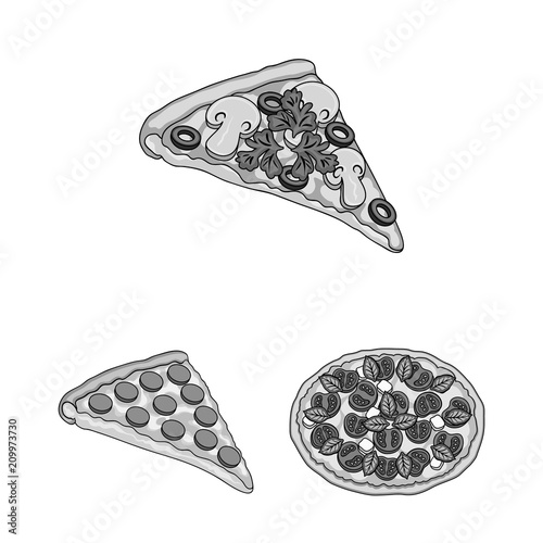 Different pizza monochrome icons in set collection for design.Pizza food vector symbol stock web illustration.