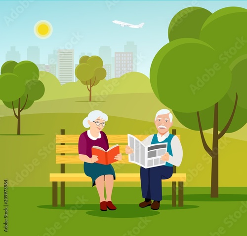 Old family in nature sitting on bench in the park. Grandfather and grandmother reading book and newspaper. Vector flat illustration