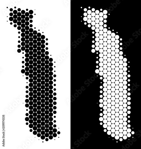 Pixel halftone Togo map. Vector geographic map on white and black backgrounds. Abstract collage of Togo map organized with circle blots.