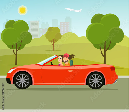 Cabriolet with couple side view.Funny family driving in red car on weekend holiday.  Vector flat style illustration © lyudinka