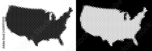 Pixel halftone USA map. Vector geographic map on white and black backgrounds. Abstract mosaic of USA map combined with spheric pixels.