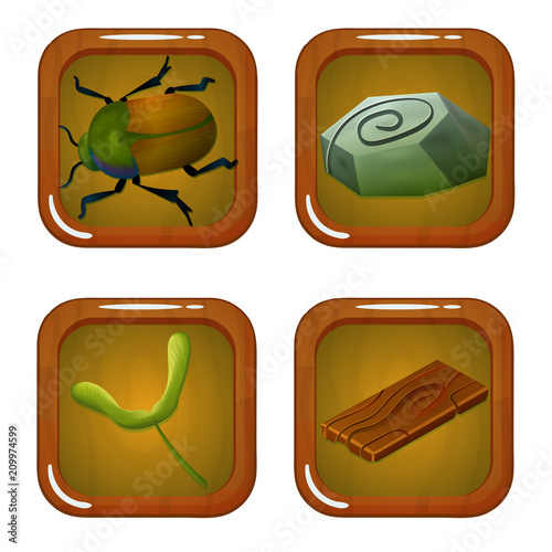 Set of Forest Icons with Beetle, Wood, Stone and Leaf