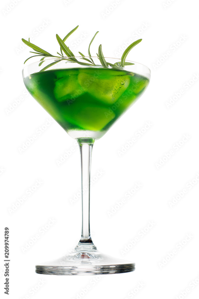Green alcoholic cocktail with rosemary isolated on white background.