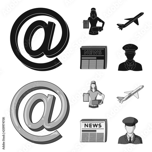 Email symbol, courier with parcel, postal airplane, pack of newspapers.Mail and postman set collection icons in black,monochrome style vector symbol stock illustration web.