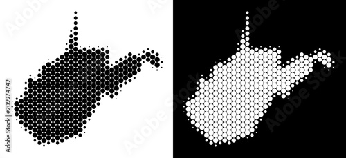 Pixel halftone West Virginia State map. Vector geographic scheme on white and black backgrounds. Abstract mosaic of West Virginia State map designed with round points. photo